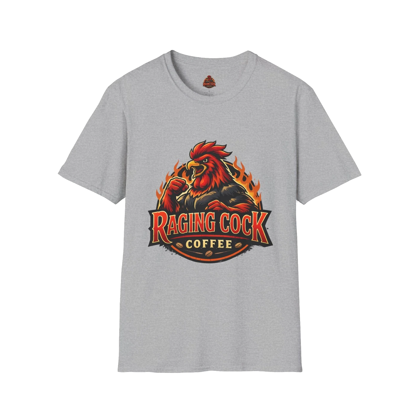 Raging Cock Coffee T-Shirt - Fiery Rooster Logo Coffee Lover Tee